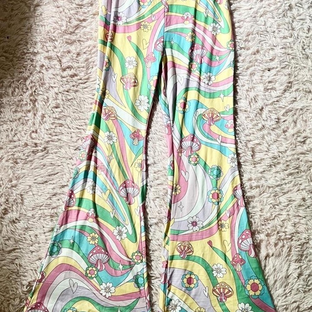 Retro Hippie Mushroom Psychedelic Whimsical Retro Bell Bottom Pants Womens L‎